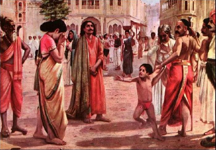Raja Ravi Varma Harischandra in Distress, having lost his kingdom and all the wealth parting with his only son in an auction oil painting picture